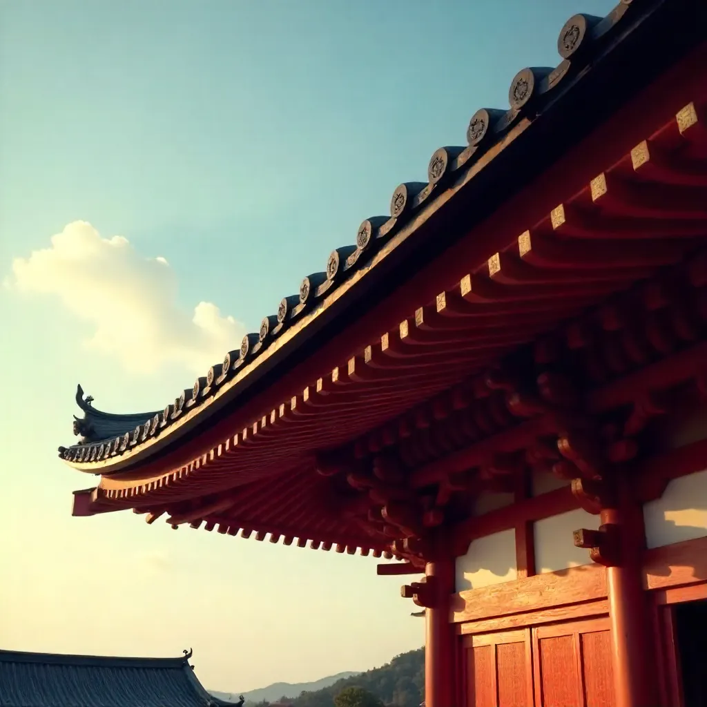 Vibrant Crimson Temple Rooftop: Intricate Japanese Design
