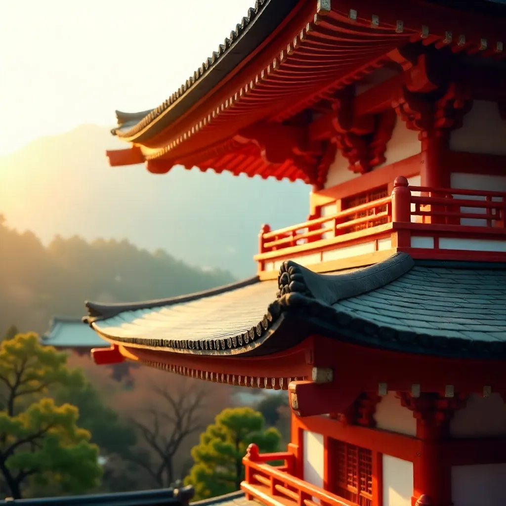 Vermilion Japanese Pagoda: Close-Up of Architectural Details