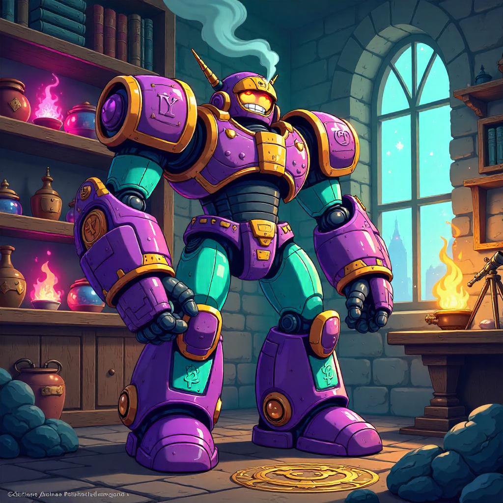 Bold Cartoon Mech Suit in a Wizard Tower Workshop