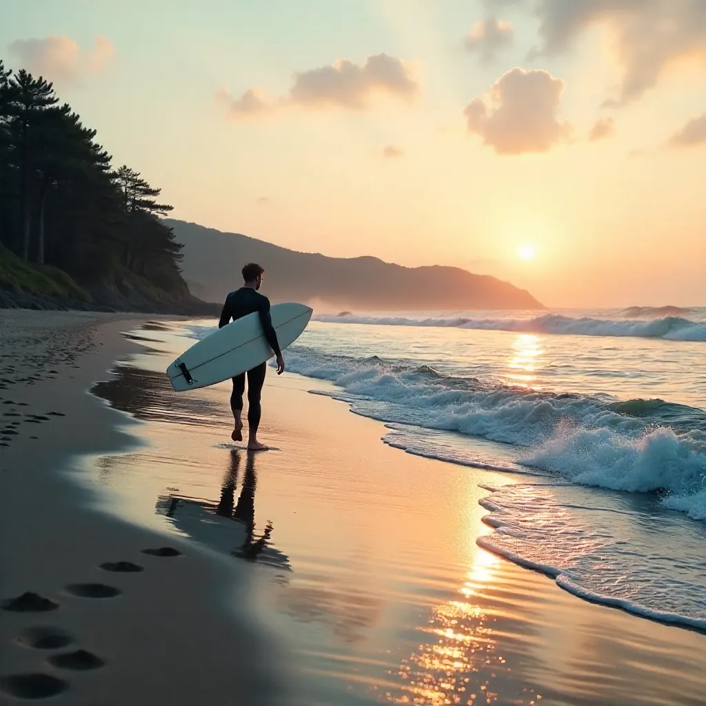 Surfer Walking Kamakura Beach at Dawn