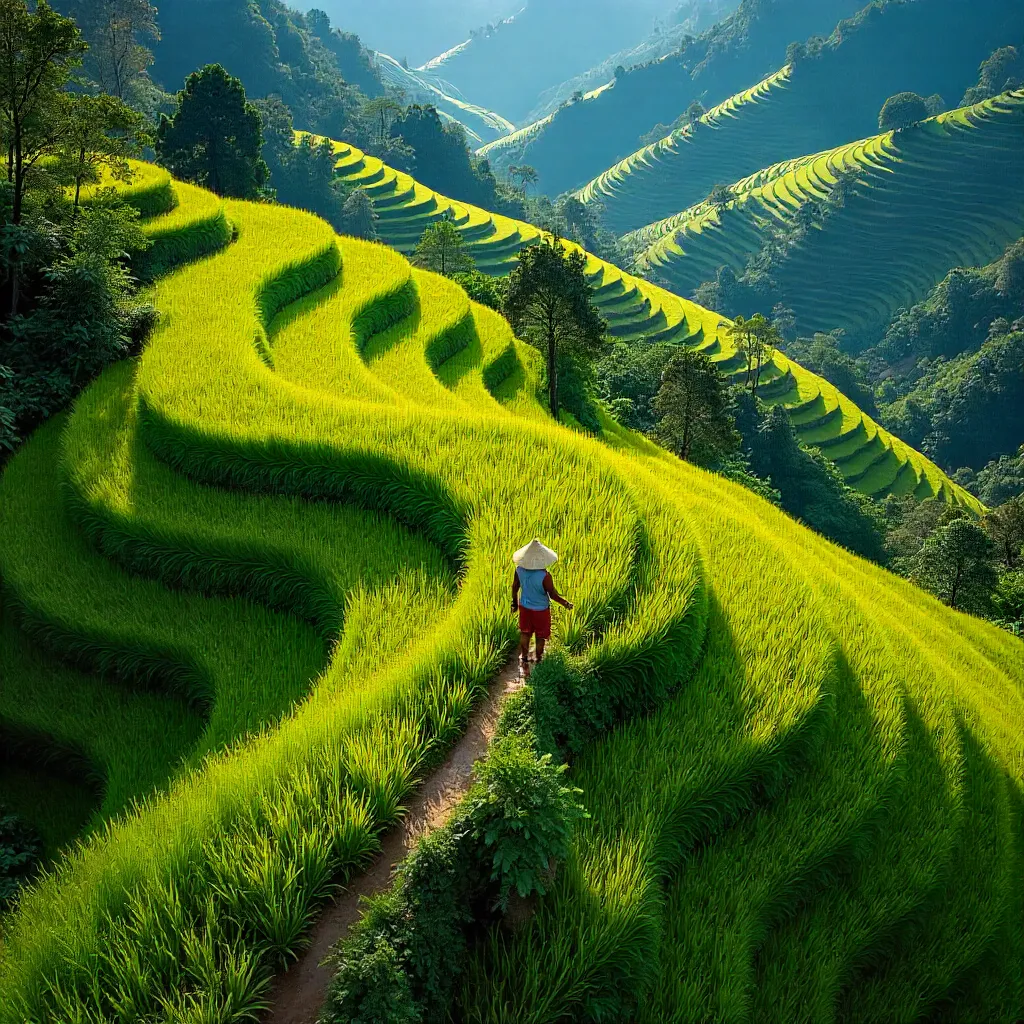 Aerial View of Bengkulu Rice Terraces and Lone Farmer