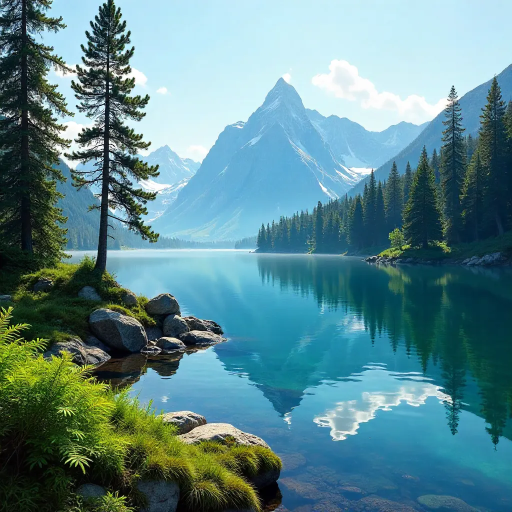 Tranquil Alpine Lake Amid Forested Peaks