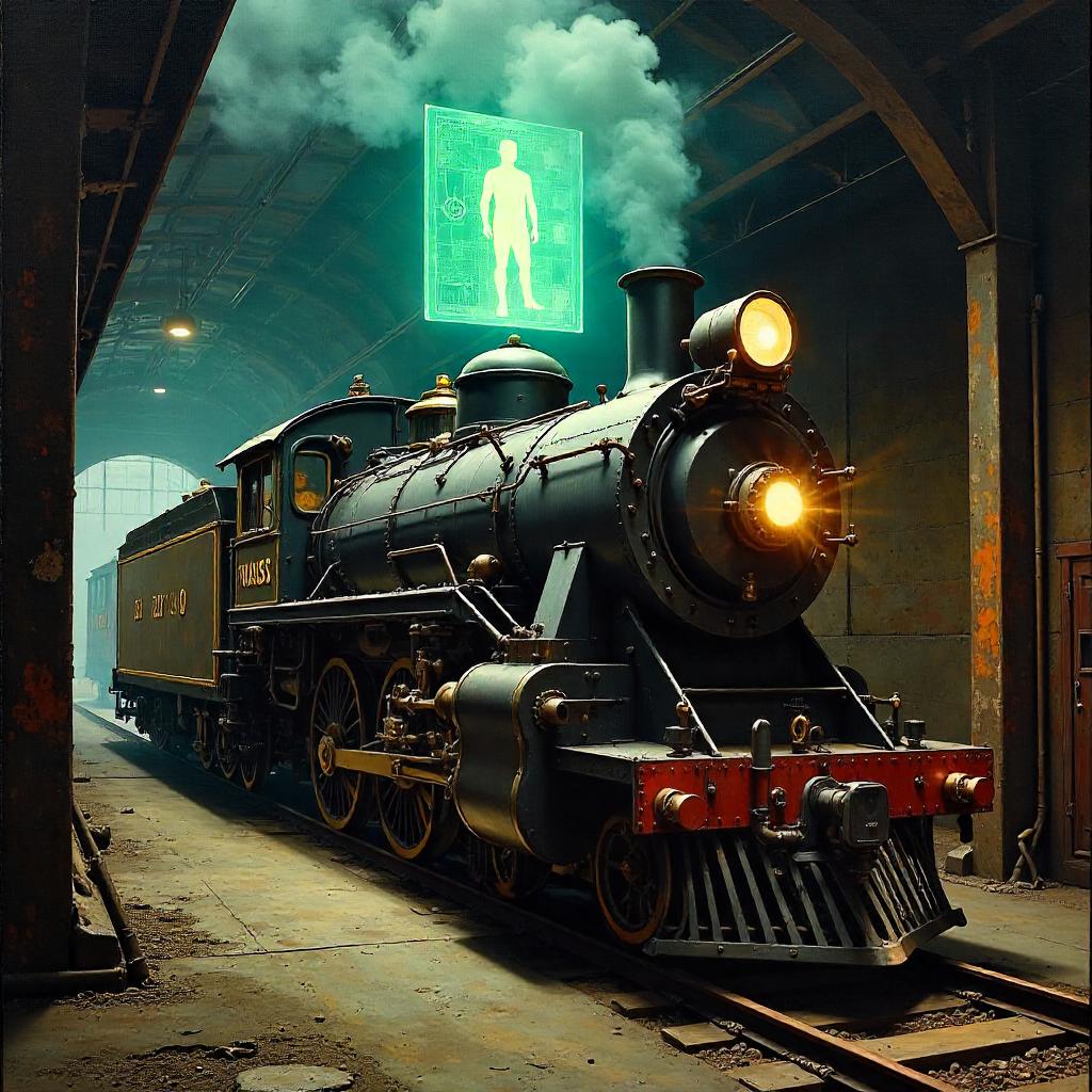 Holographic Blueprint Above a Steam Engine