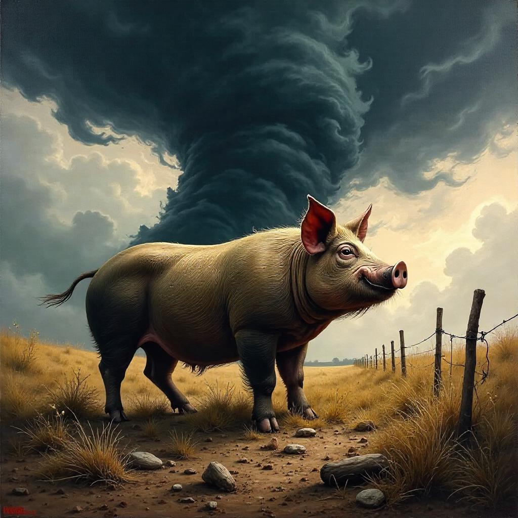 Pig in a Tornado: An Oil Painting Scene