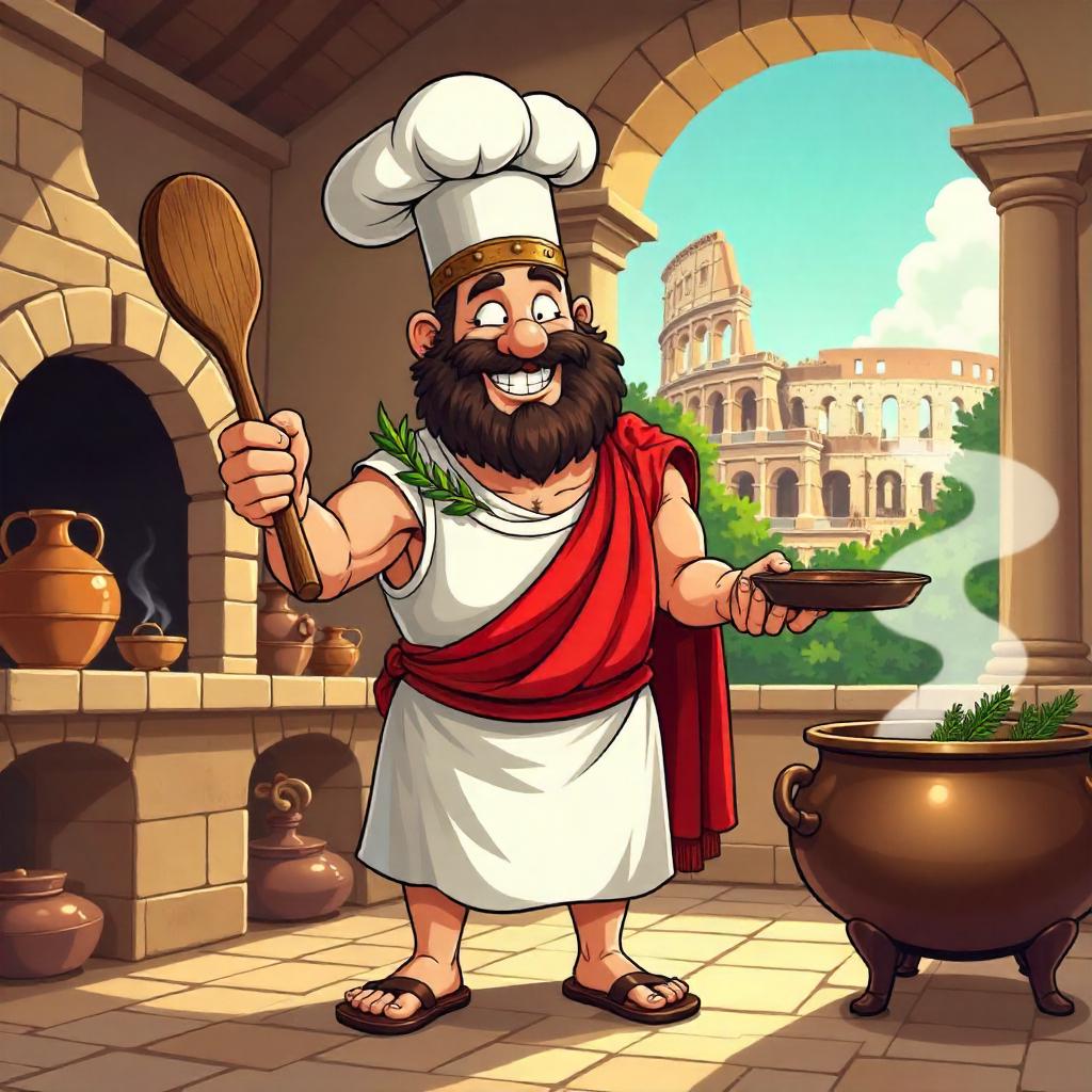 Cartoon Chef in an Ancient Rome Kitchen