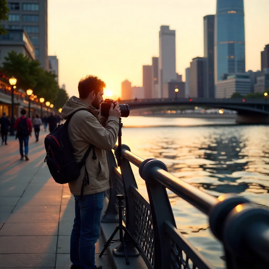 Riverside Photographer at Sunset in the City
