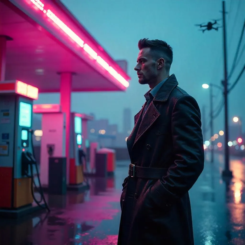 Confident White Man at Neon Cyberpunk Gas Station