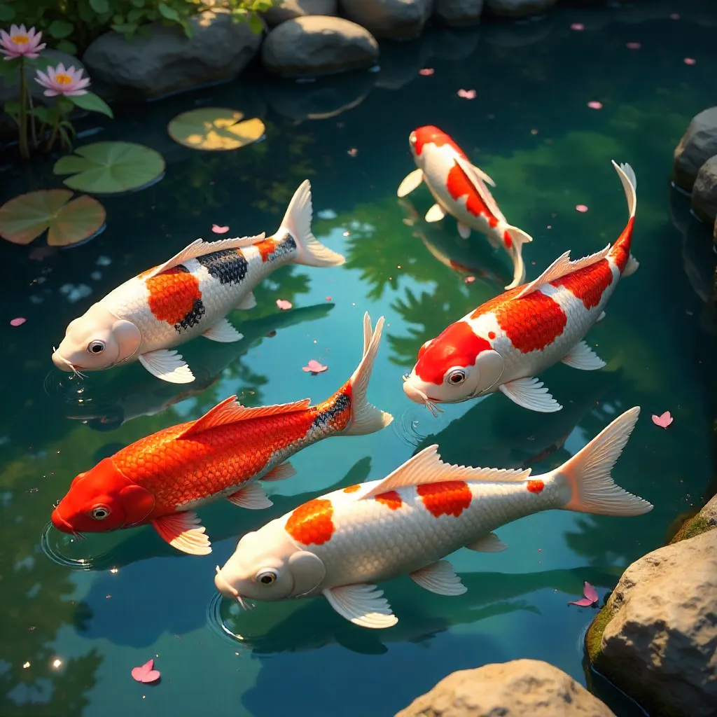 Graceful Koi in a Serene Sunlit Pond