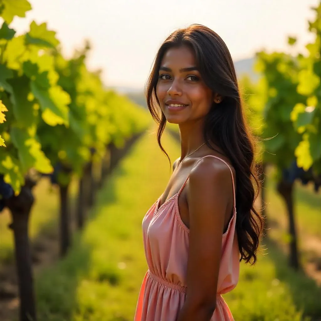 Photorealistic Indian woman in a sunlit vineyard
