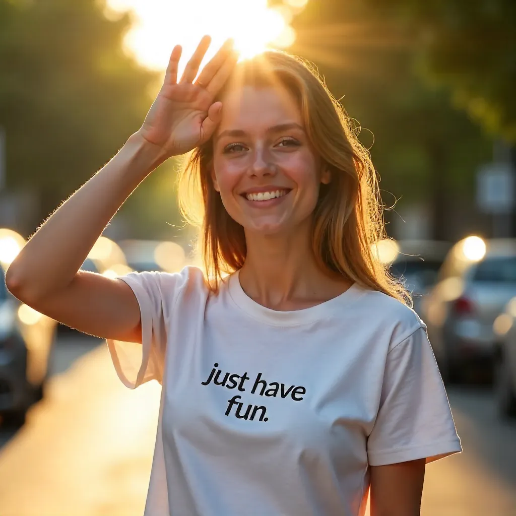 Sunlit Moment: Woman Blocks Sun in Just Have Fun Tee