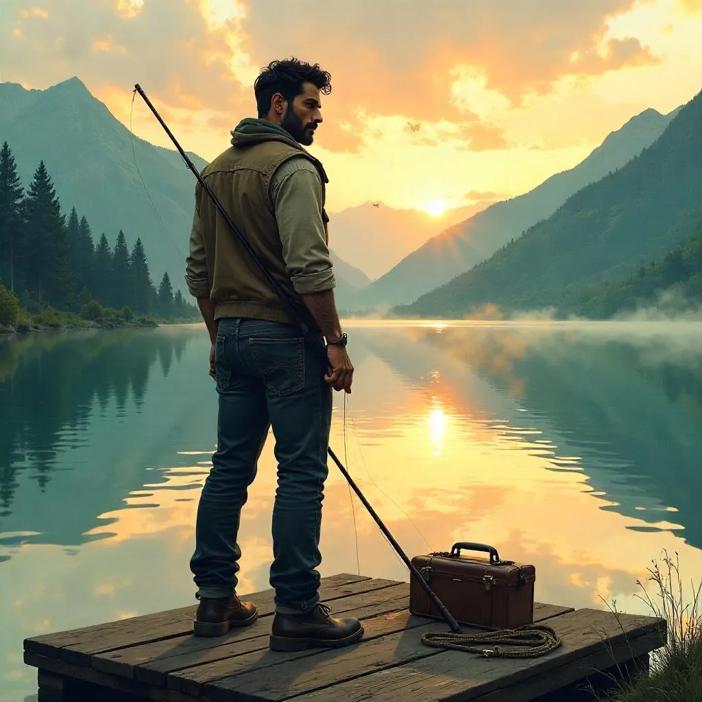 Handsome Latino Angler: Concept Art at a Fishing Spot