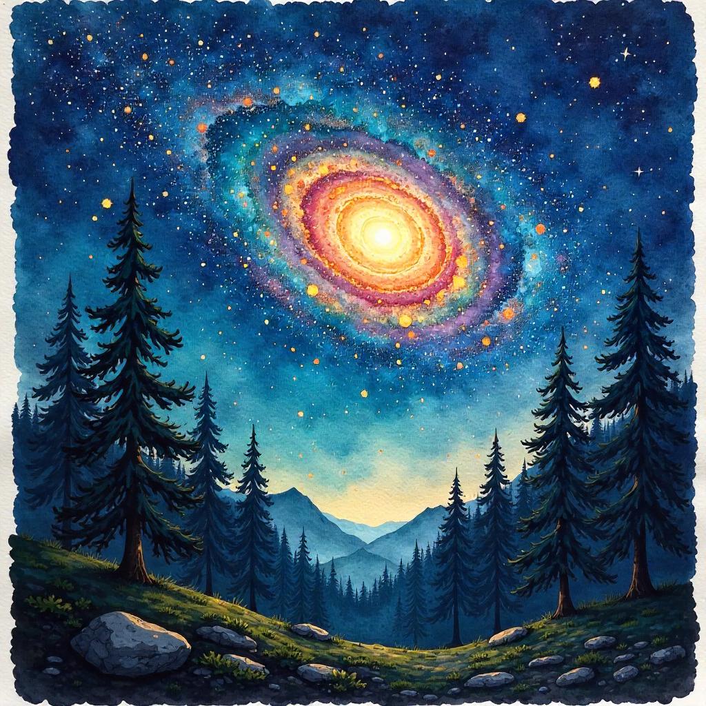 Galaxy in a Pine Forest: Watercolor Dreamscape