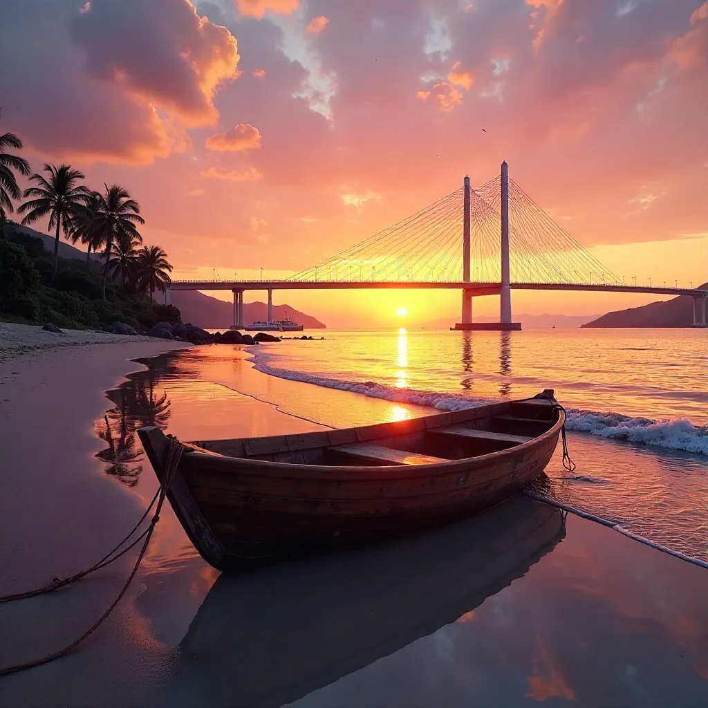 Sunset over Quy Nhơn Beach with a Modern Bridge