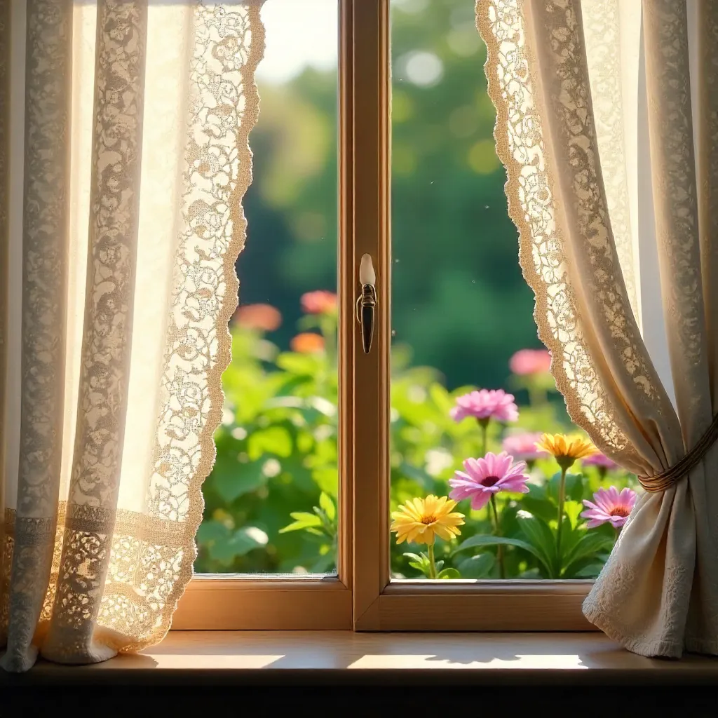 Sunlit Garden View Through Lace Curtains