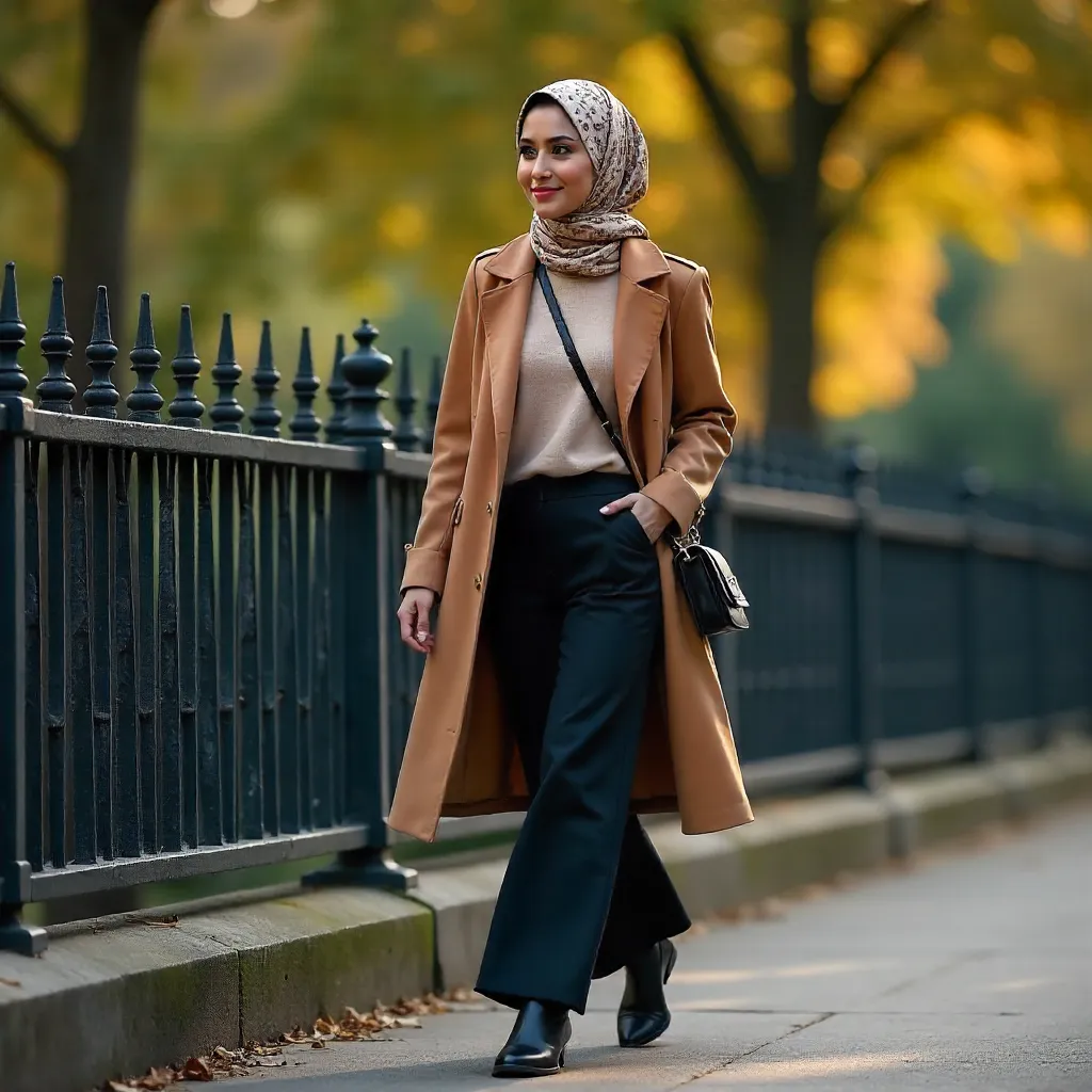 Stylish Hijabi Woman in Modern Attire by a Metal Fence