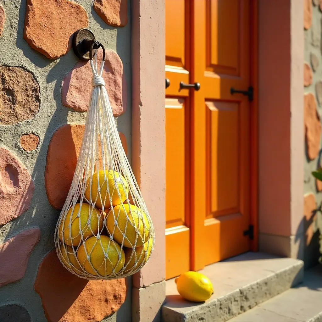 Bright Orange Door on Colorful Stone Wall with Lemons
