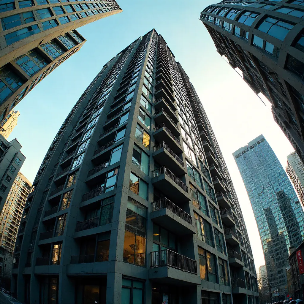 Low-Angle Fisheye View of Glass-Walled Urban Apartments
