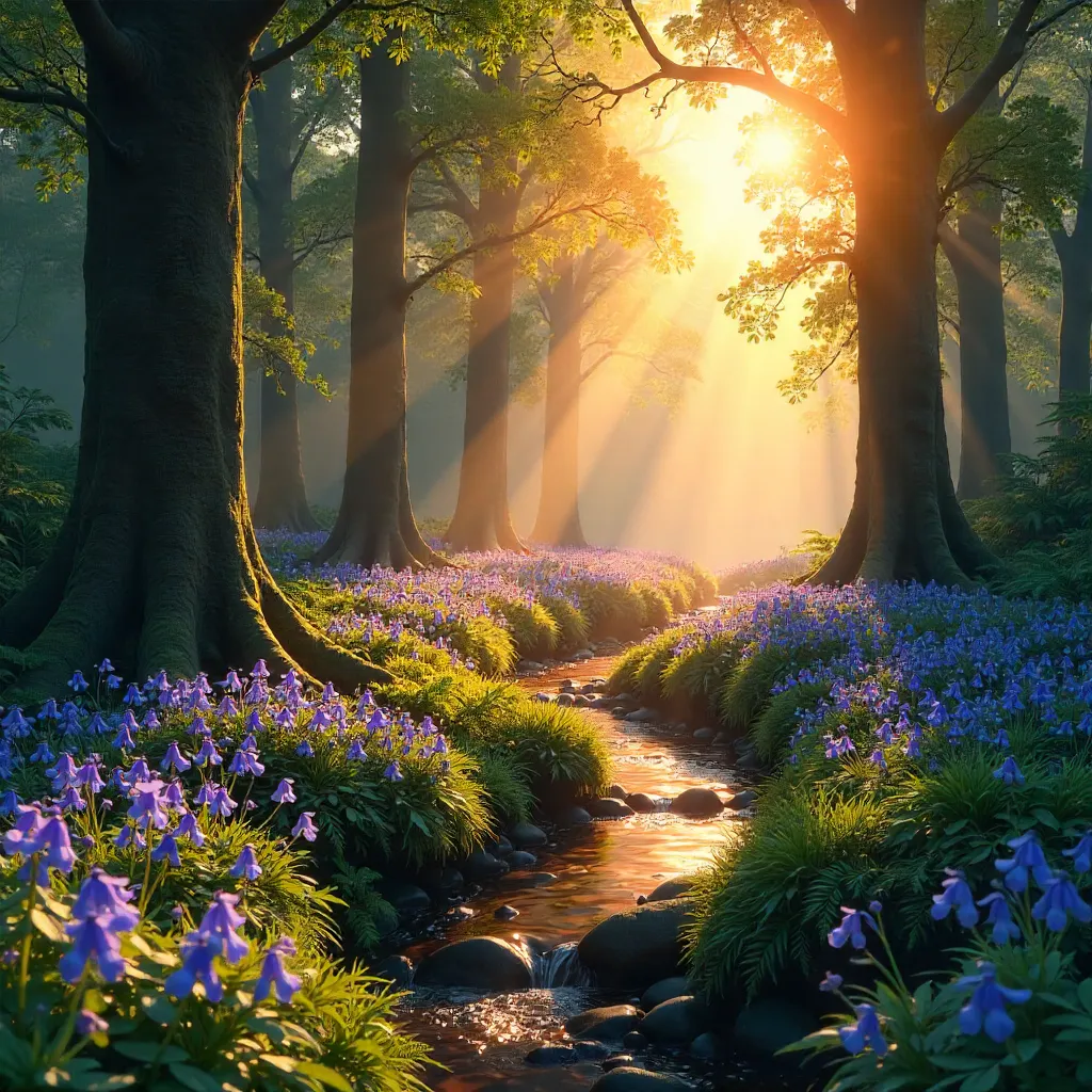 Golden Sunrise over a Bluebell Forest Clearing