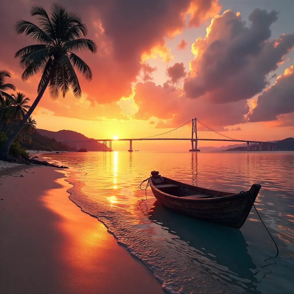 Golden Quy Nhon Sunset: Boat and Modern Bridge