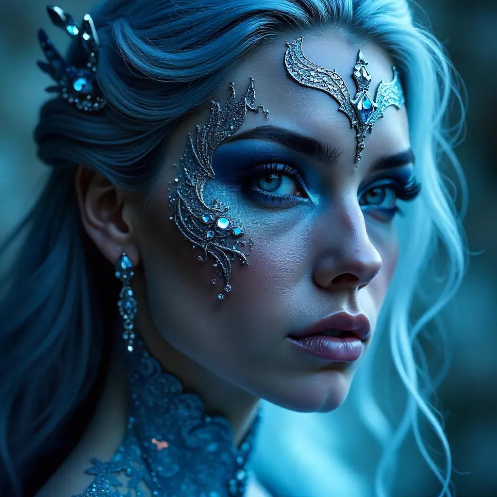 Dramatic Blue-Silver Fantasy Makeup Portrait