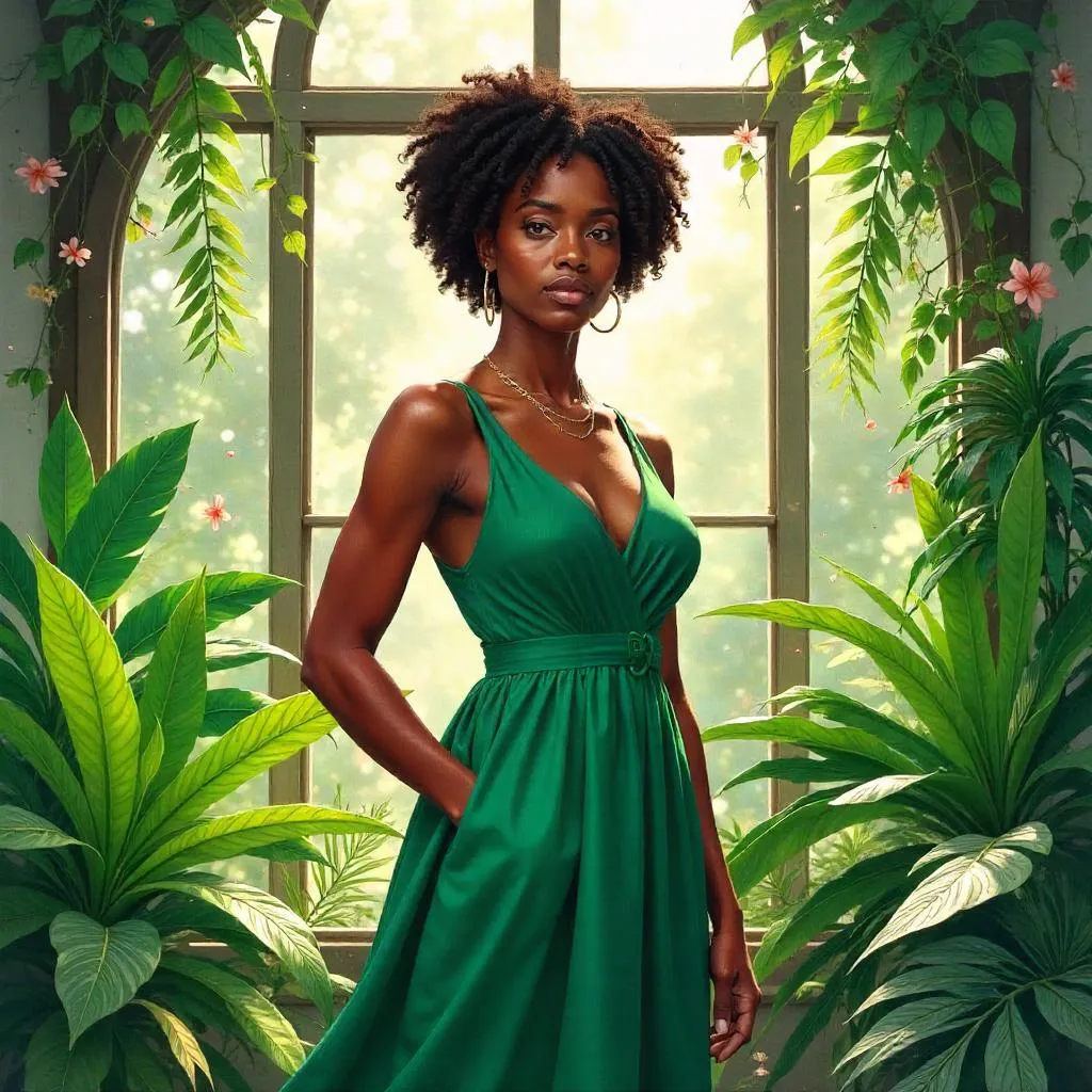 Confident Black Woman in a Watercolor Greenhouse