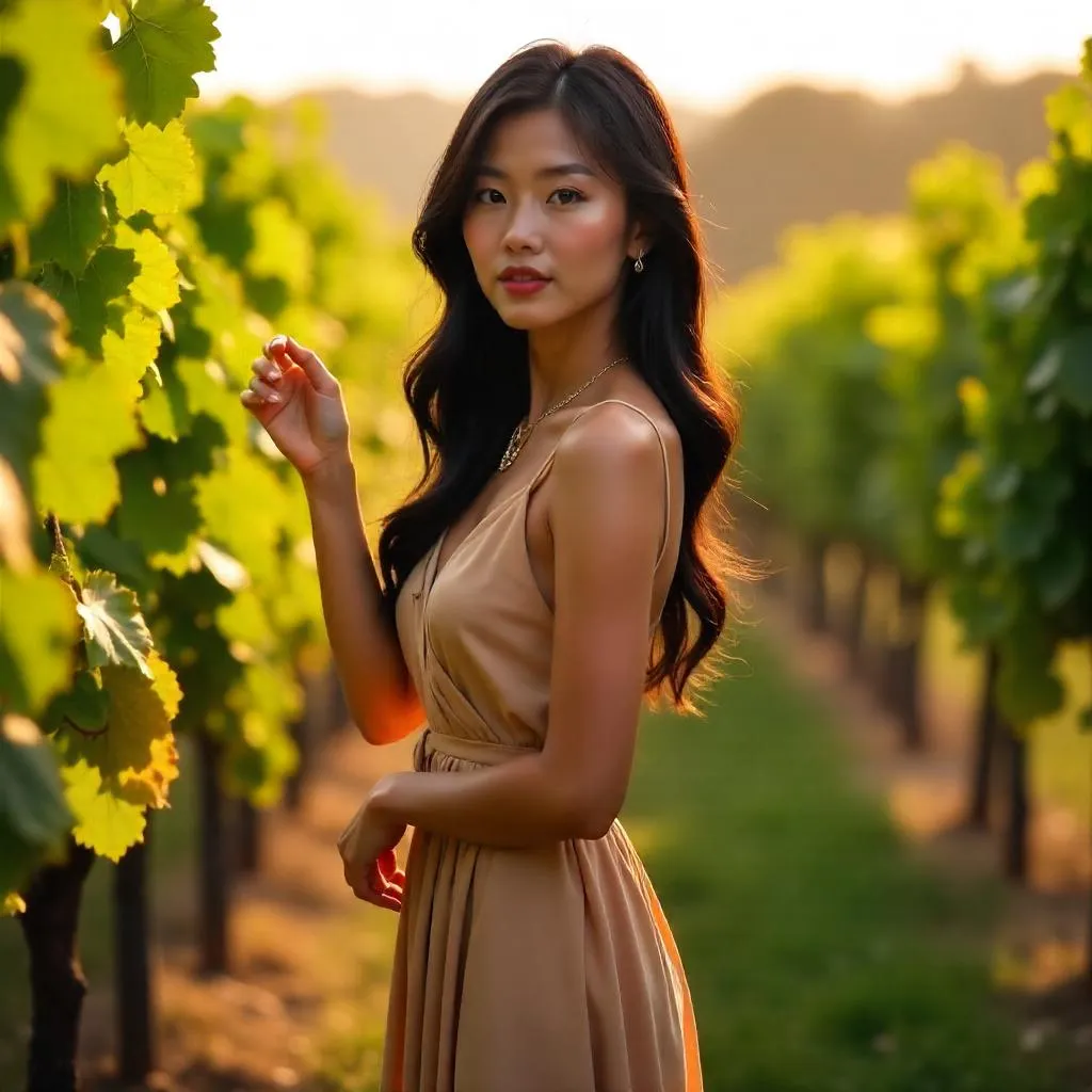 Elegant Asian Woman in a Lush Vineyard, Photorealistic