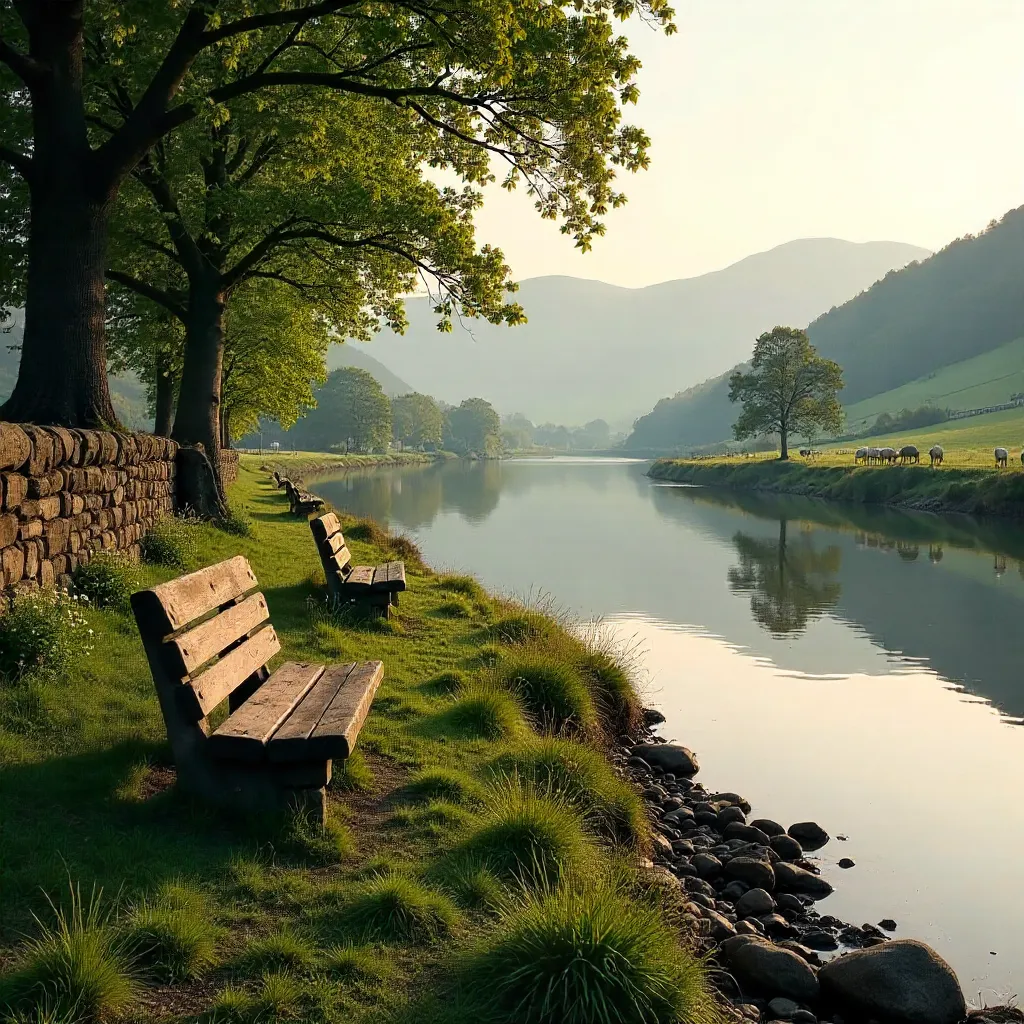 Serene Llanrwst Riverside with Benches by the River Conwy
