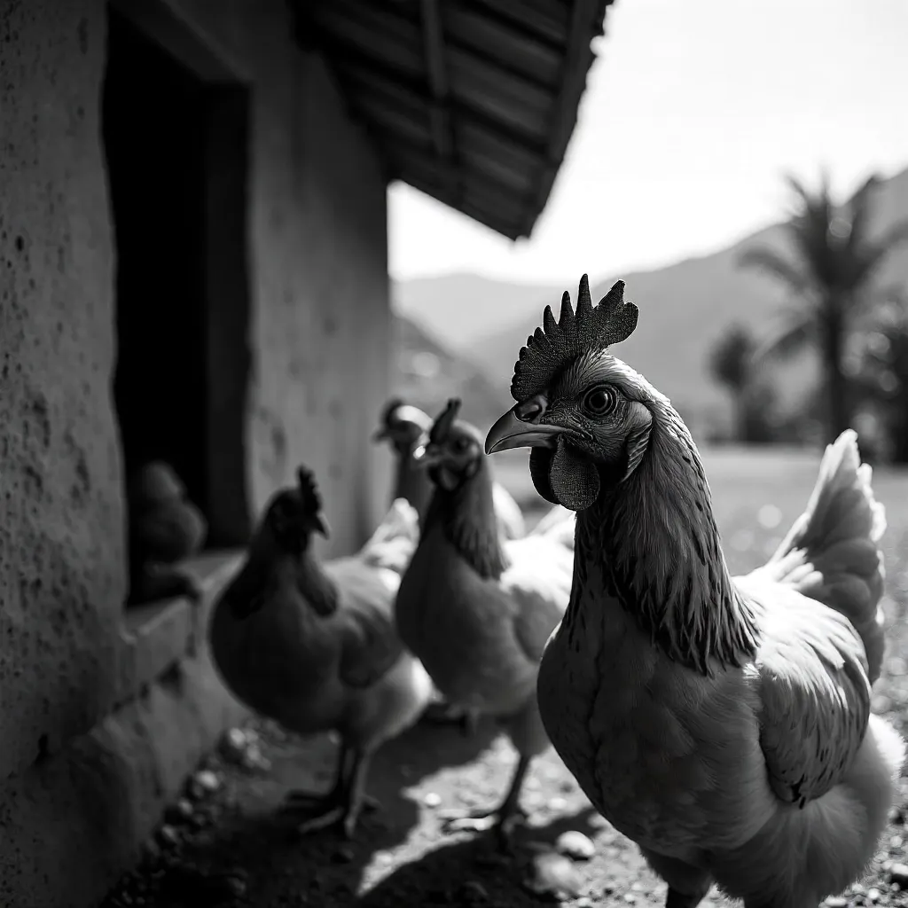 Monochrome Close-Up of Ecuadorian Farm Chickens
