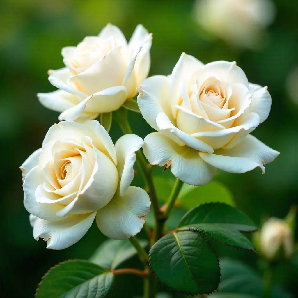 Close-Up White Roses in Full Bloom with Green Leaves