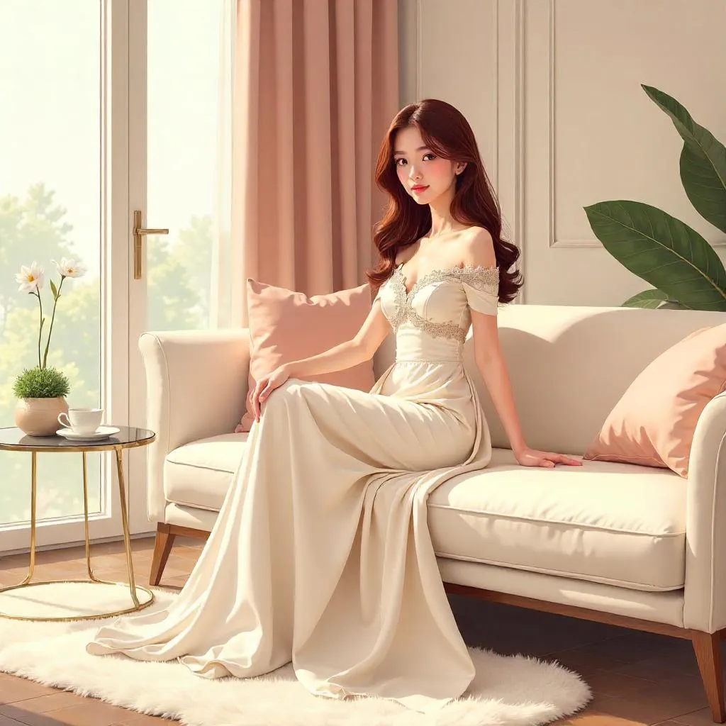 Elegant Anime Woman in a Living Room
