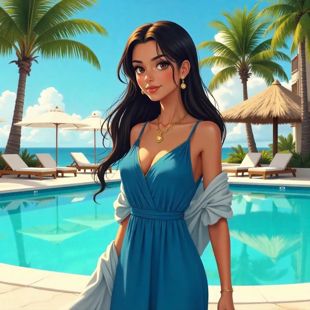 Sunlit Resort Portrait: Anime Middle Eastern Woman
