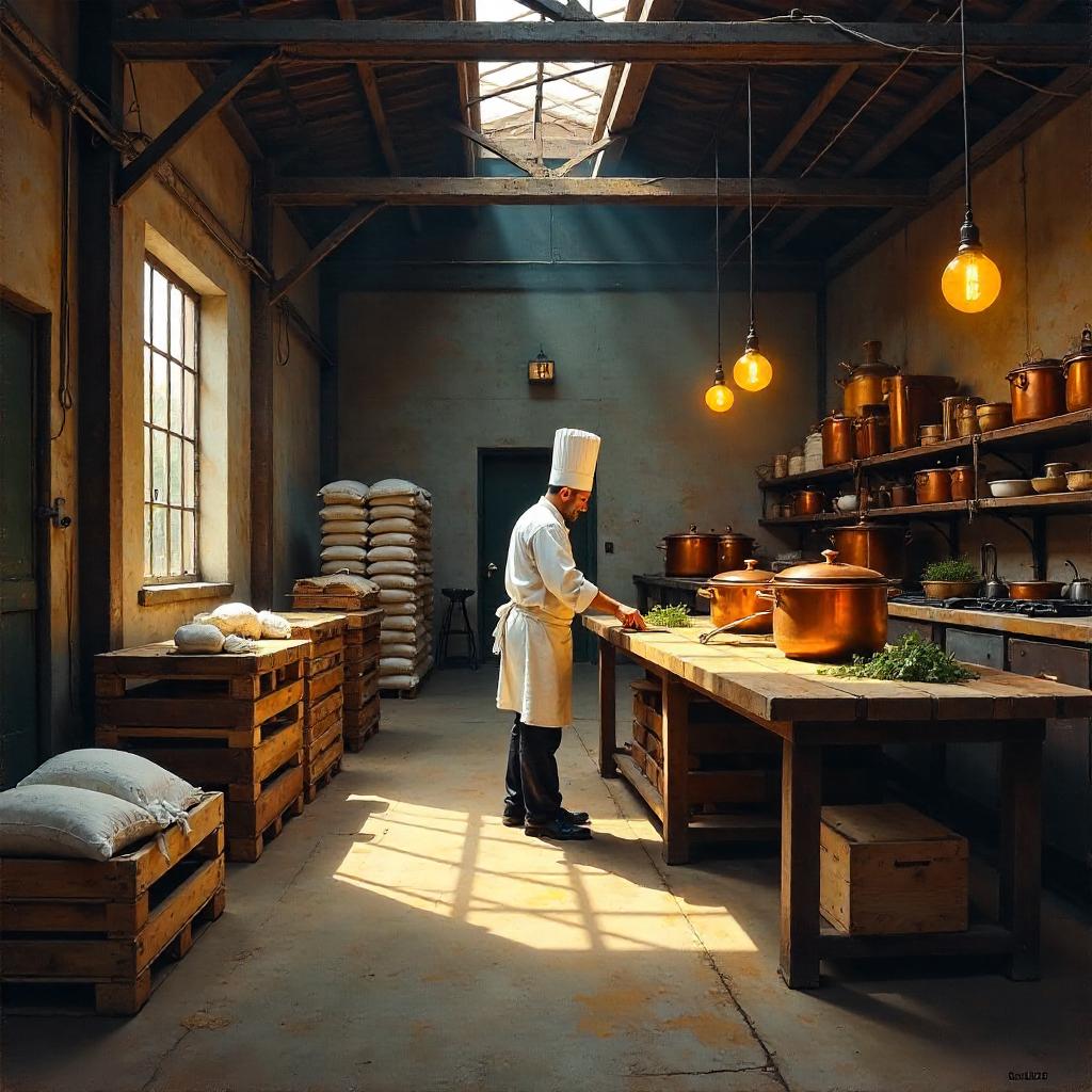Chef in a Dim Warehouse: An Oil Painting Scene