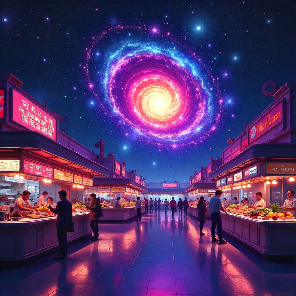 Galaxy Over a Neon Food Court: Digital Dreamscape