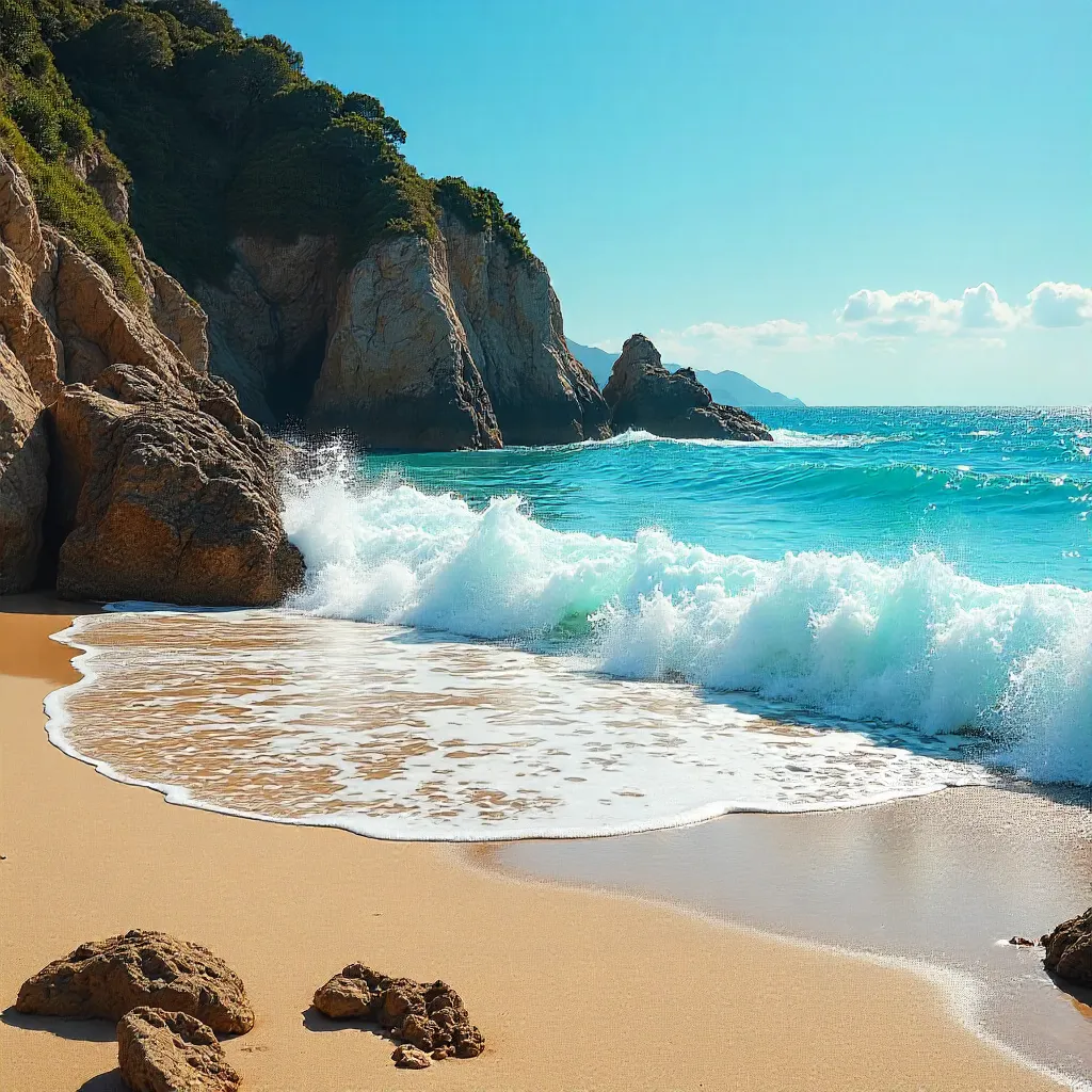 Turquoise Waves Crash Over Rocky Beach Under Clear Sky