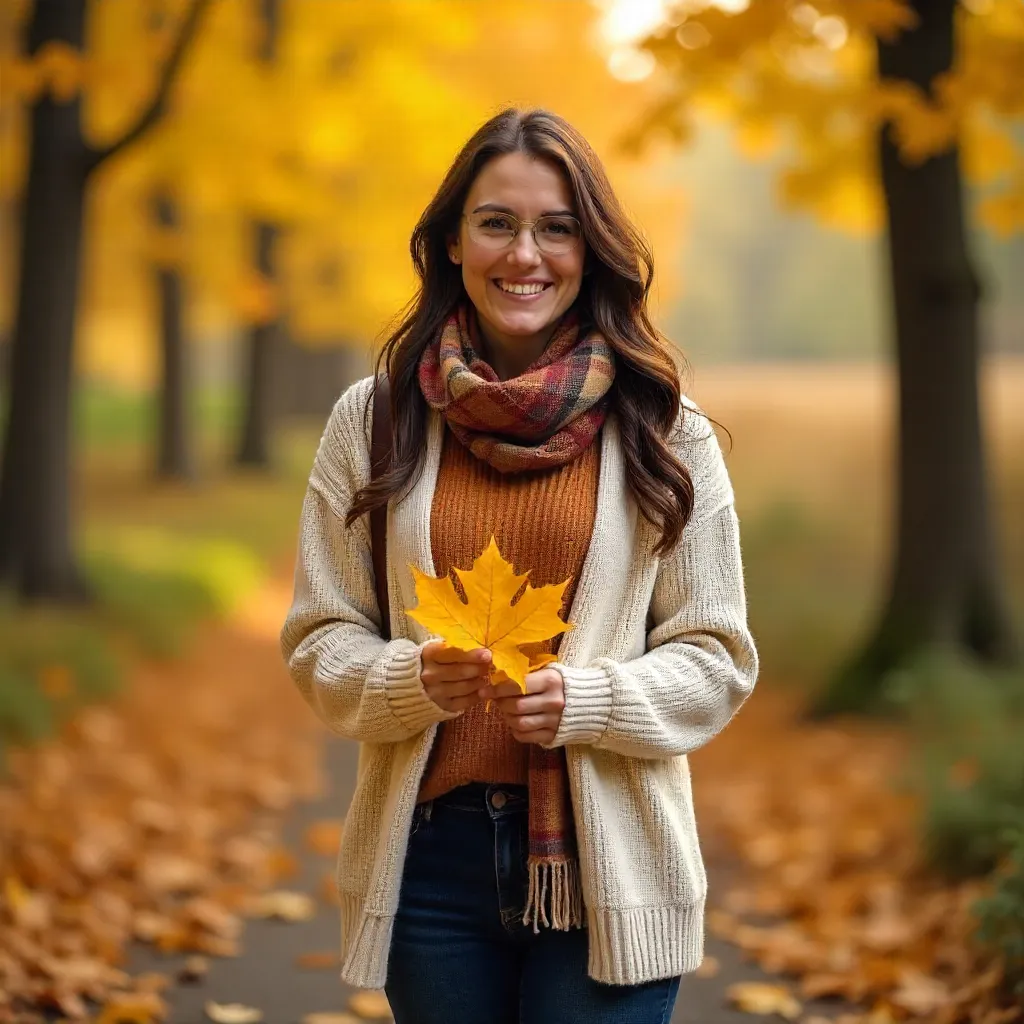 Smiling Woman in Cozy Fall Attire Outdoors
