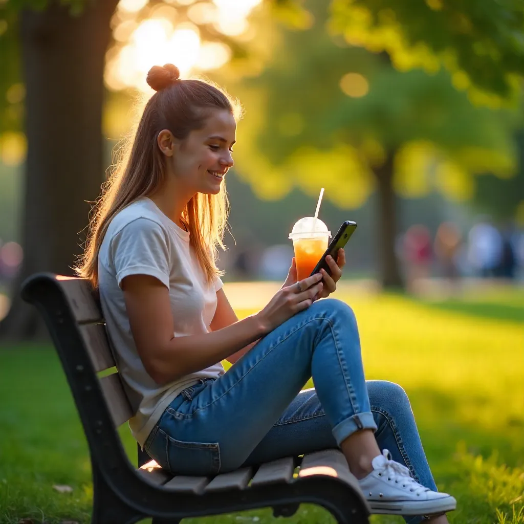 Golden Hour Park: Young Adult with Smartphone and Drink