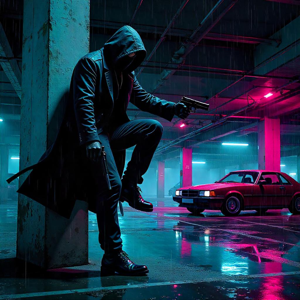 Neon Assassin in the Parking Garage – Comic Style