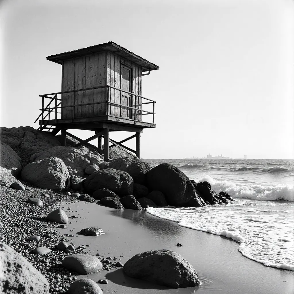 Monochrome Lifeguard Tower on Rabat's Rocky Atlantic Beach