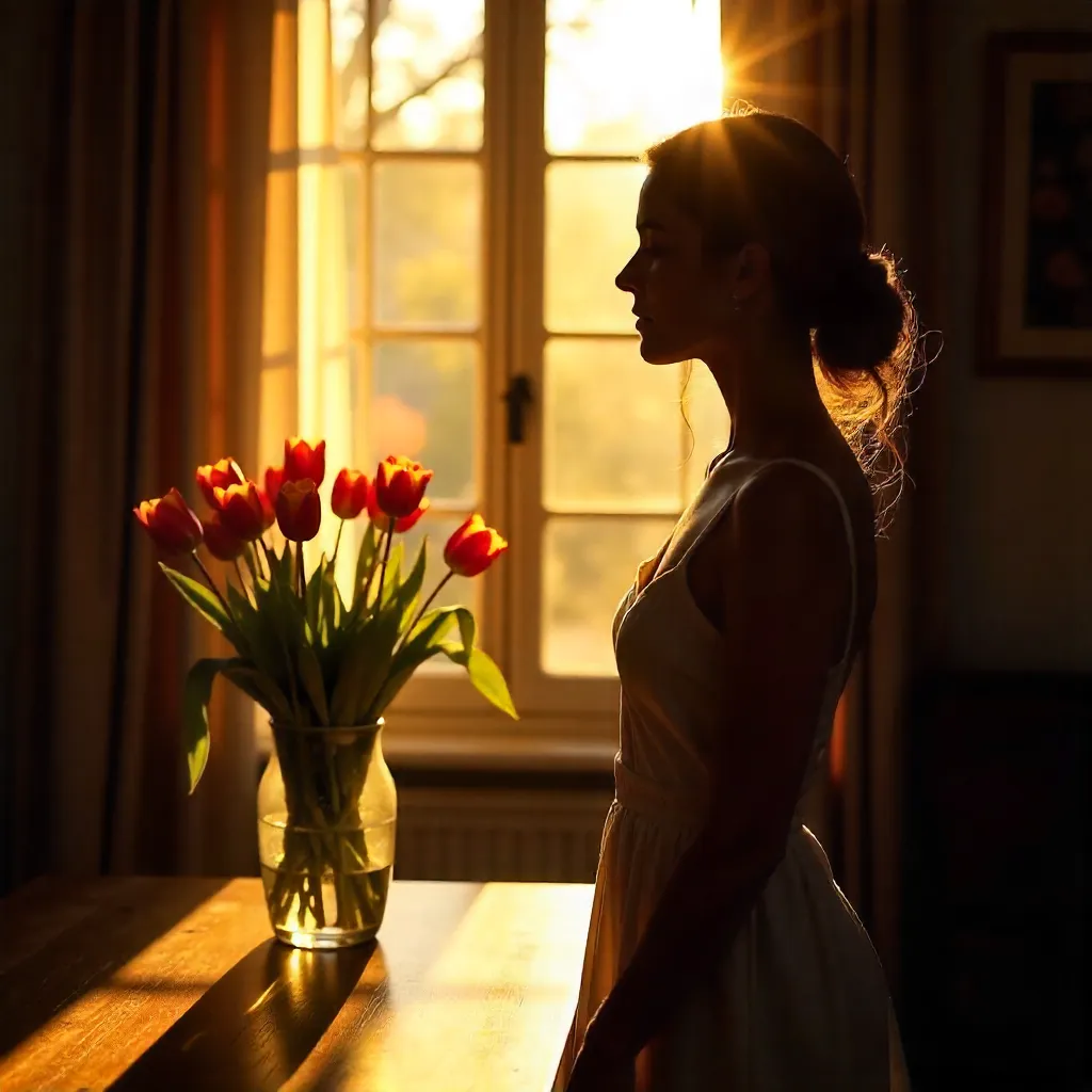 Golden Hour Silhouette: Woman and Tulips Indoors