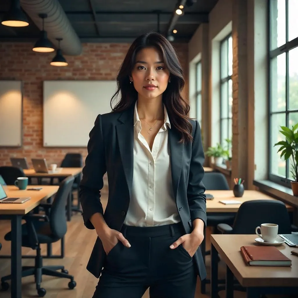Confident Asian Woman in a Dynamic Coworking Space