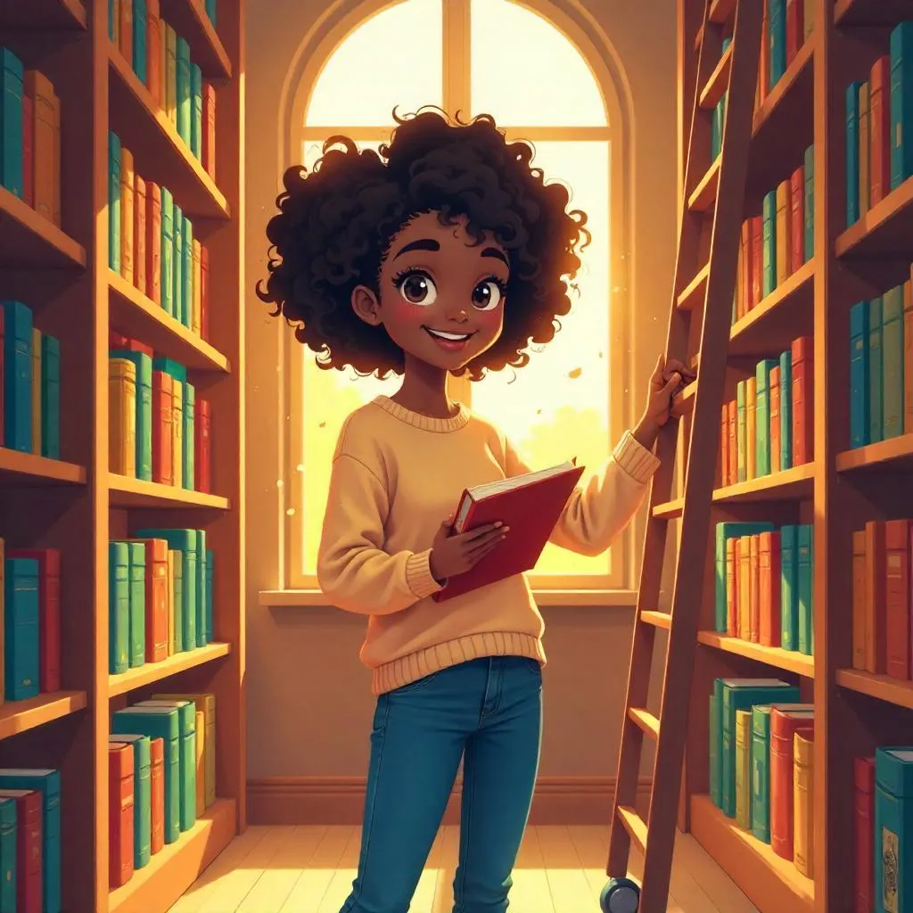 Cheerful Black Girl in a Cozy Anime Library