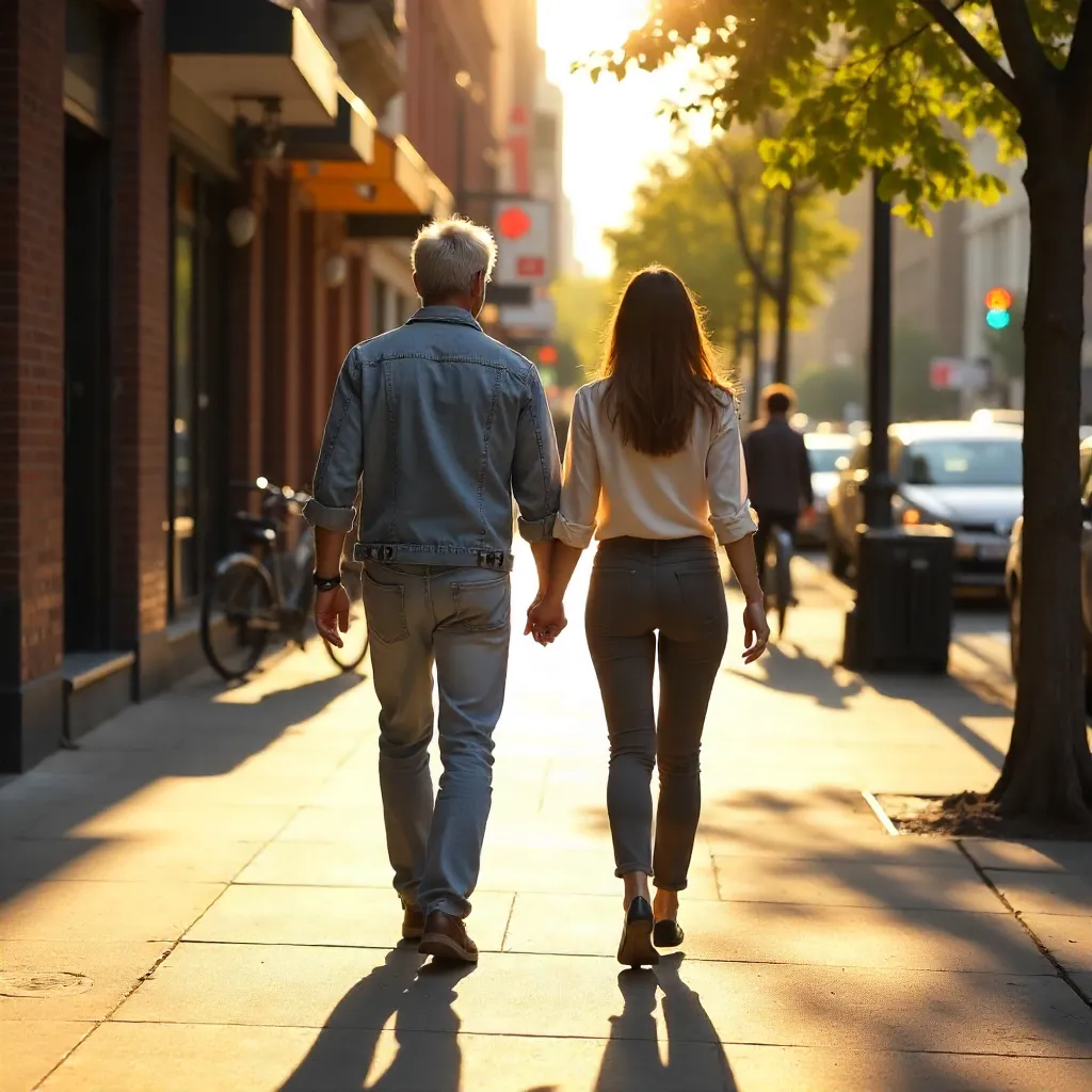 Sunlit City Sidewalk: Two Adults and Their Shadows