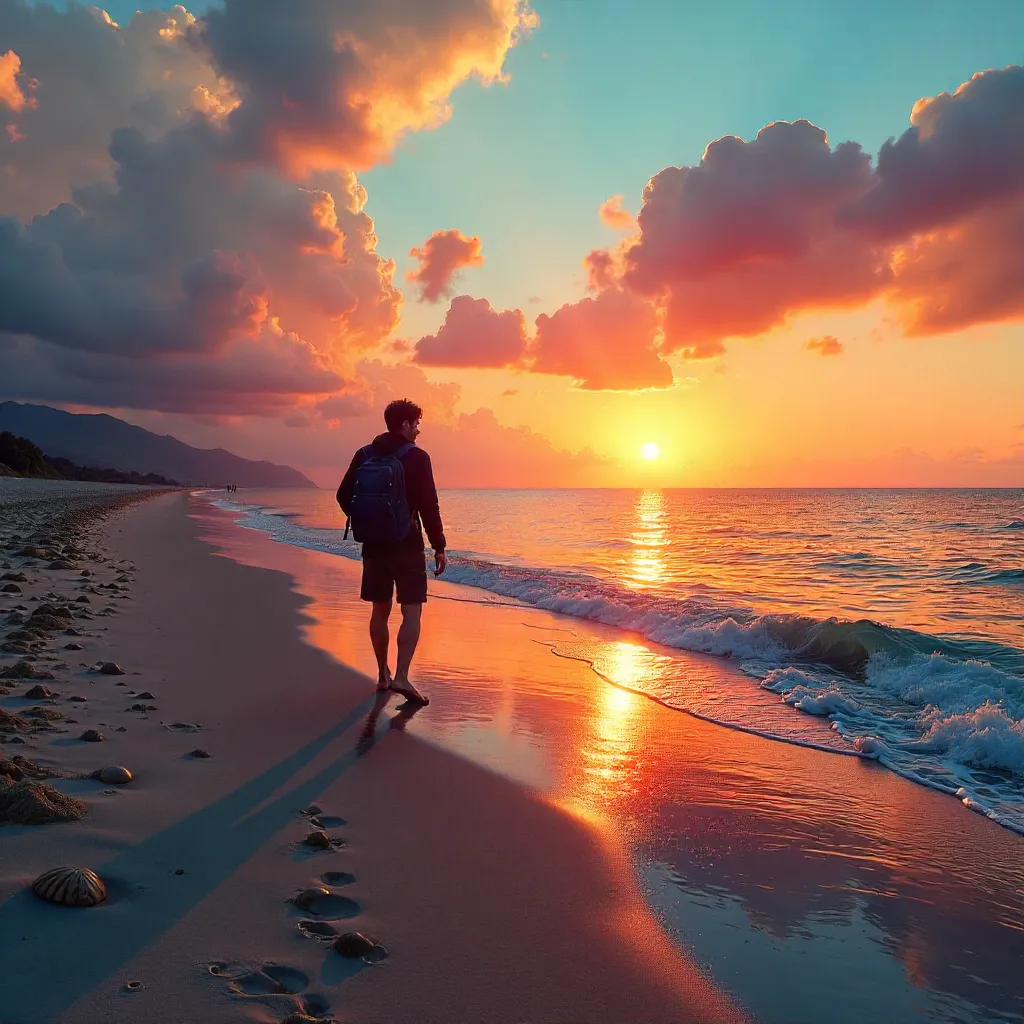 Lone Traveler Silhouette on Sunset Beach