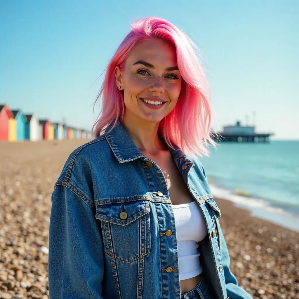 Brighton Portrait: Pink Hair in Denim under Blue Sky