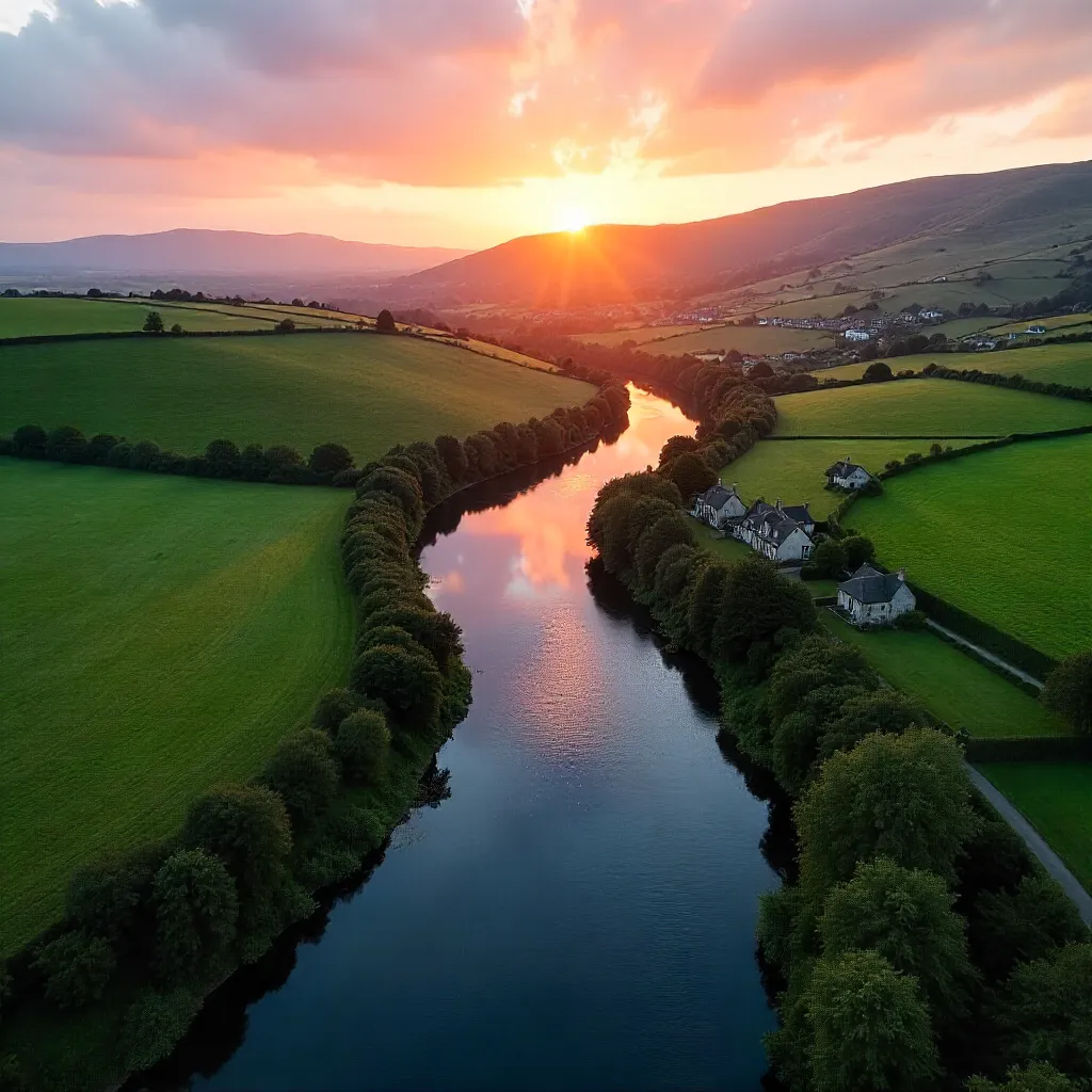 Sunset Aerial over County Clare River and Cottages