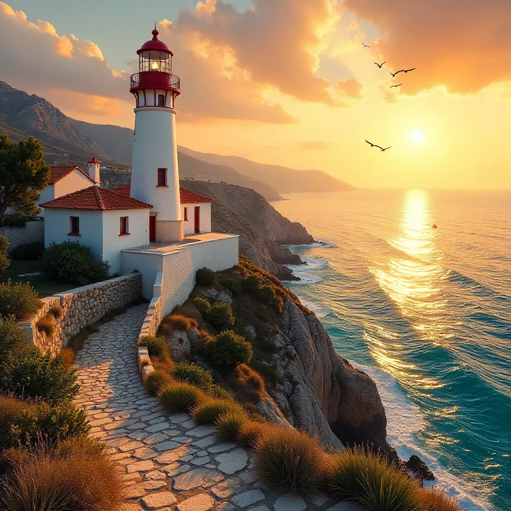 Sunset Lighthouse Over Mediterranean Sea