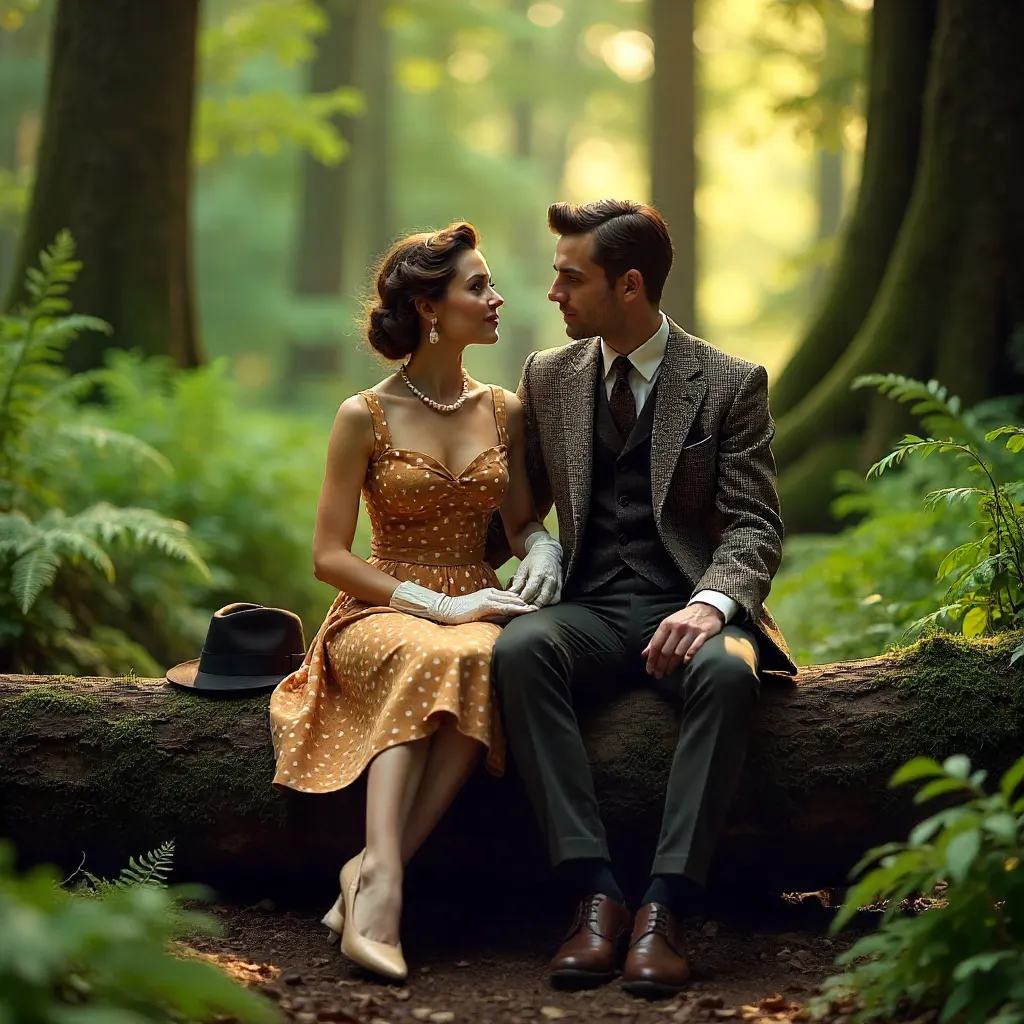 A Vintage Woodland Couple on Mossy Logs