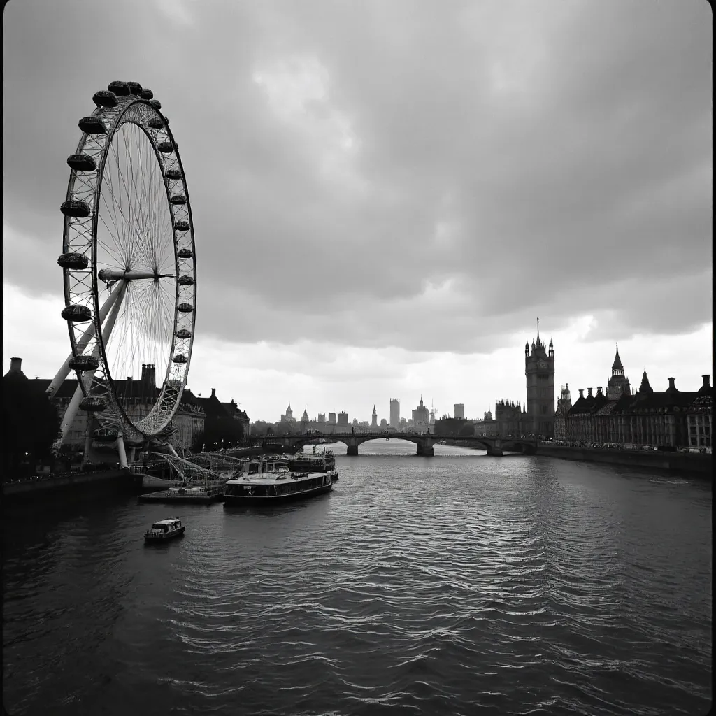 Noir London Eye Over Thames at Dusk