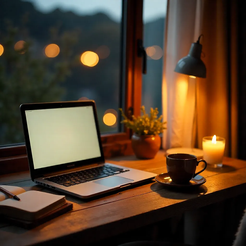 Cozy Evening Desk with Laptop, Candle, and Cup