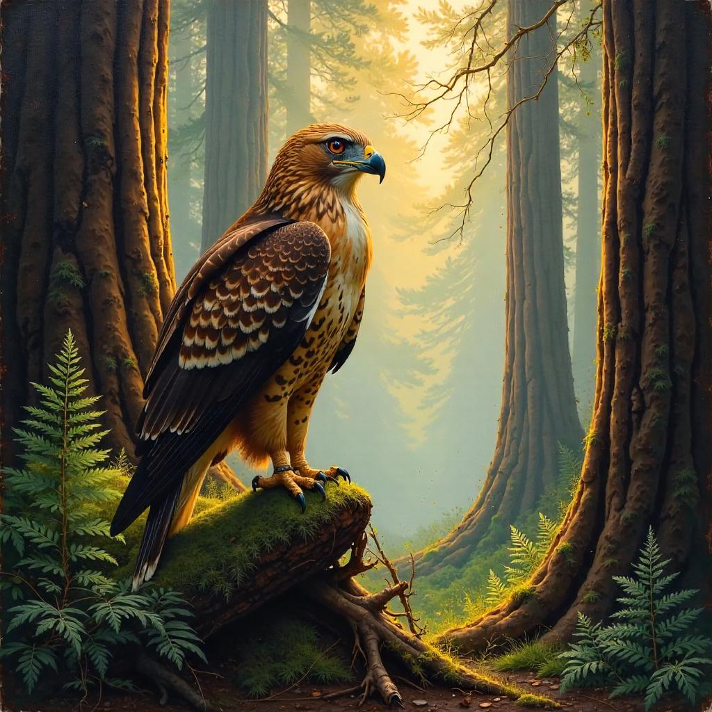Hawk in the Redwood Cathedral: An Oil Painting
